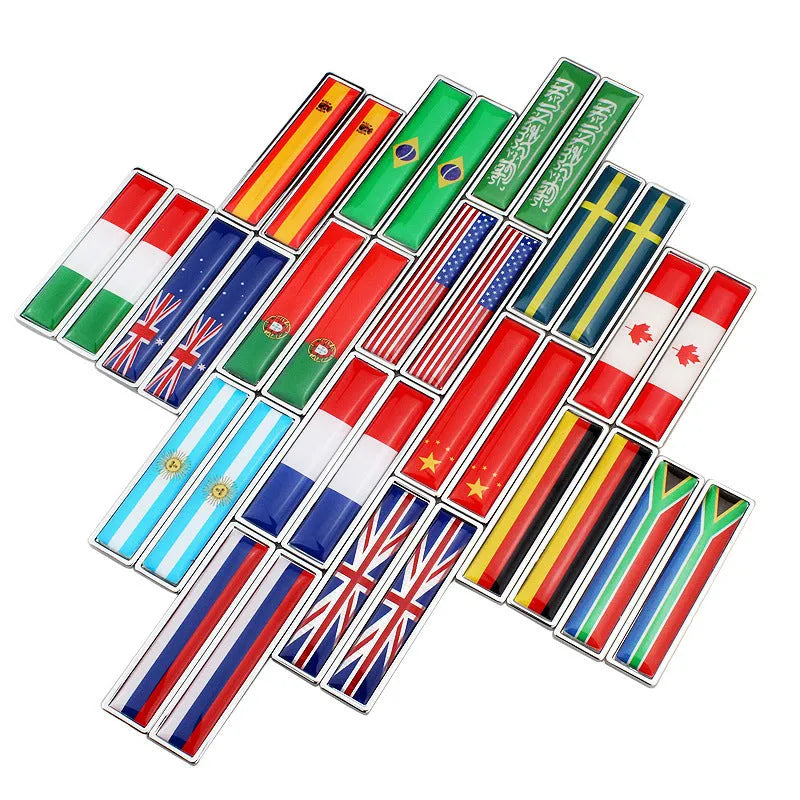 Zinc alloy car flag metal labels showing UK and USA designs at 58x14mm size