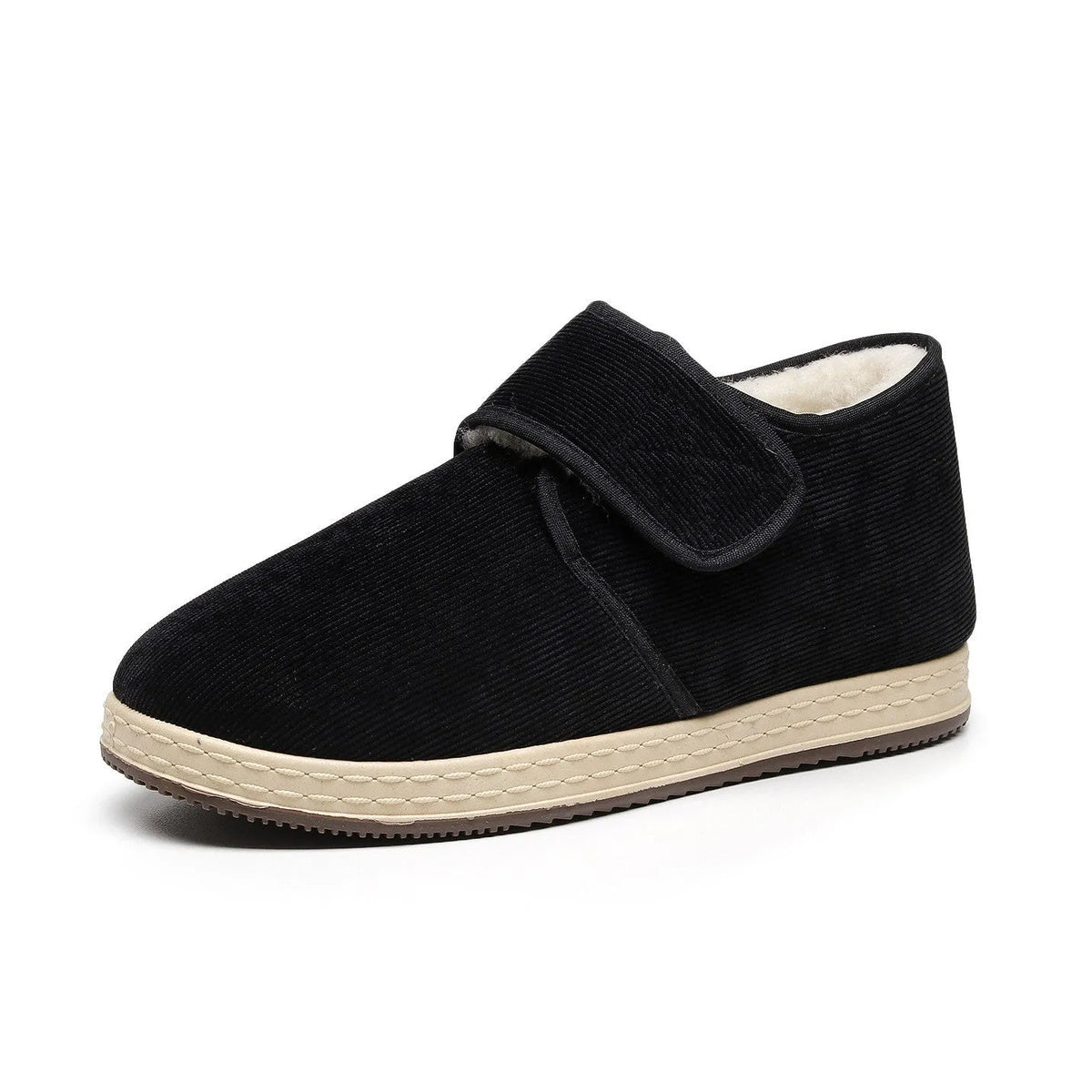 Black soft soled velvet thick cotton shoes with cotton cloth upper, buckle fastening, and rubber sole, sizes 38 to 45