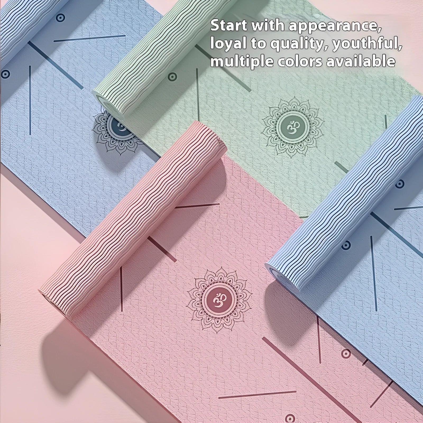 Monet pink TPE fitness mat with printed guide lines, shown rolled and unrolled on a floor.