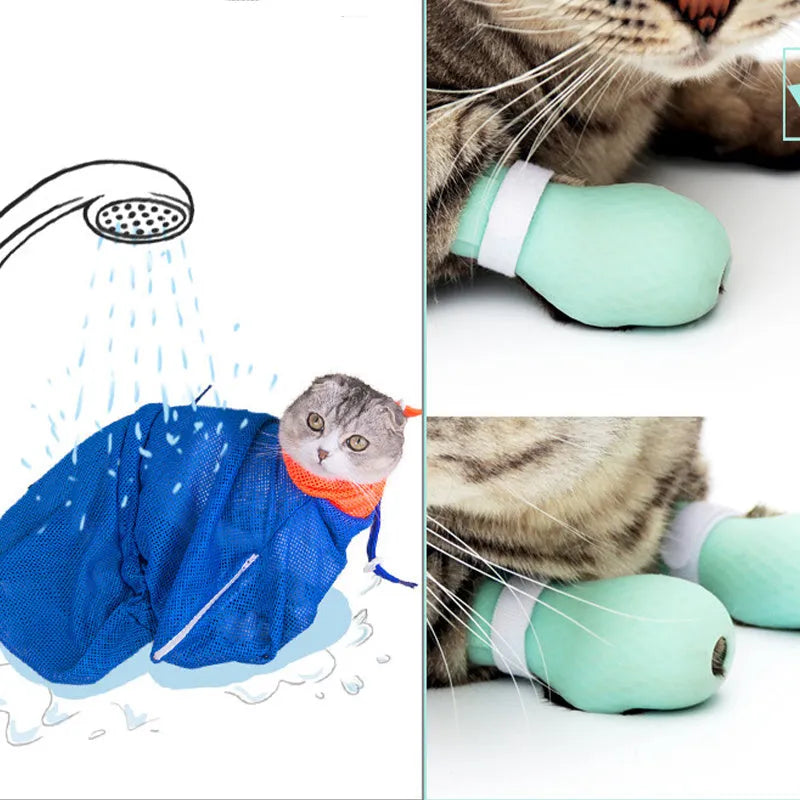 Four green silicone cat anti-scratch foot cover gloves for paw protection during grooming