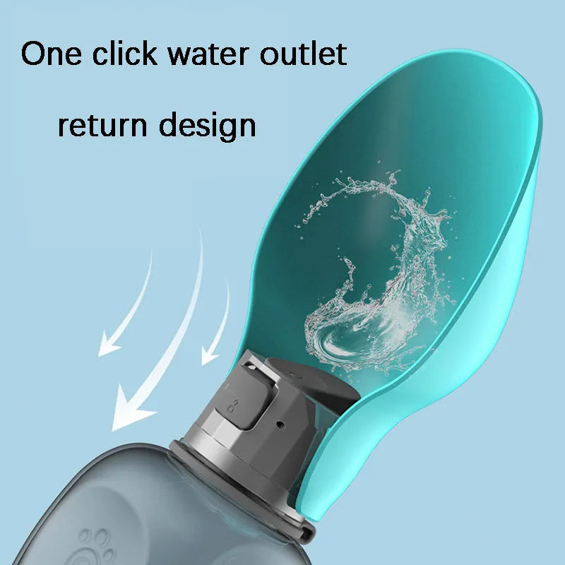 Blue grey portable dog water bottle with foldable drinking bowl showing 800ml capacity markings