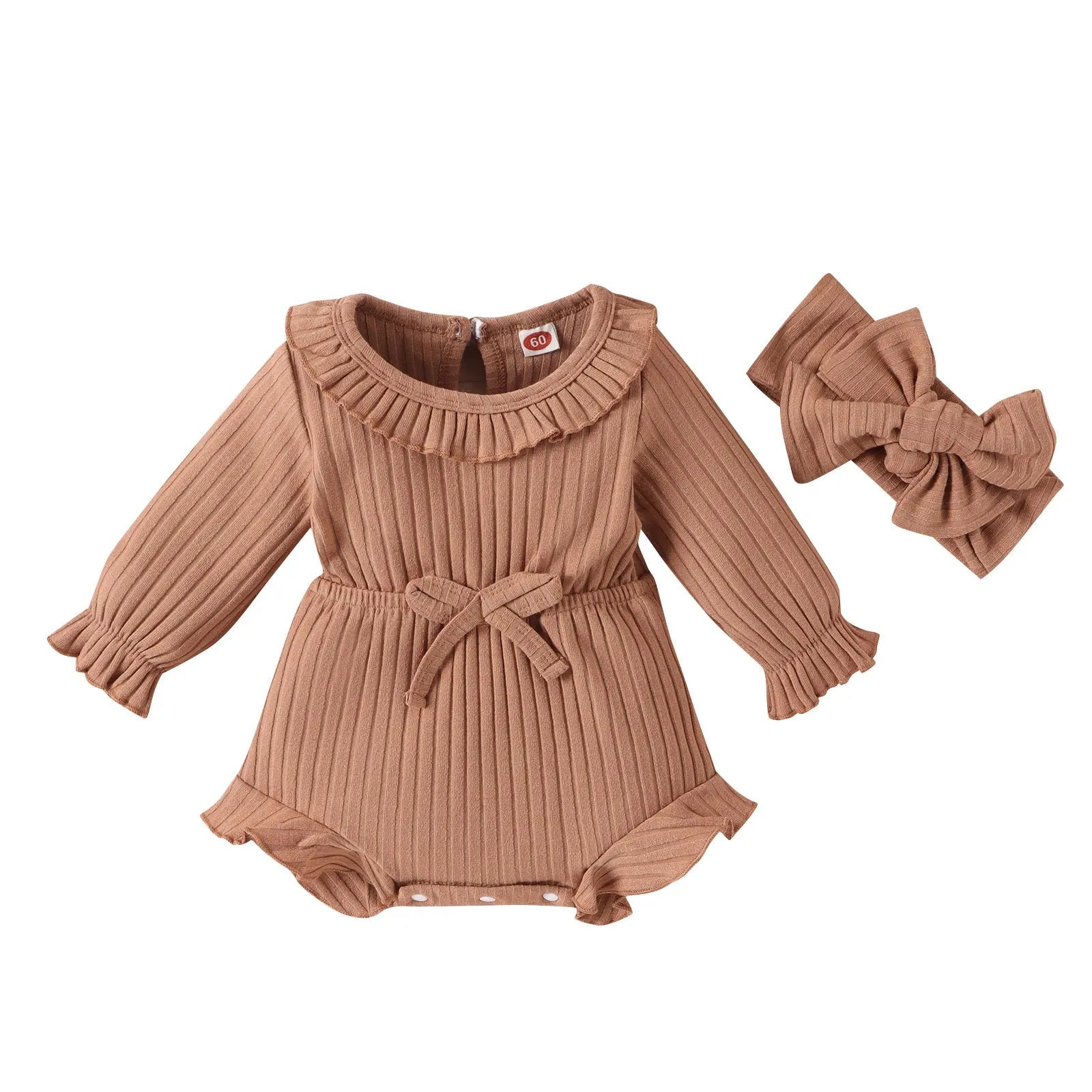 Baby girl long sleeve striped cotton romper with headscarf in white, pink, and brown options