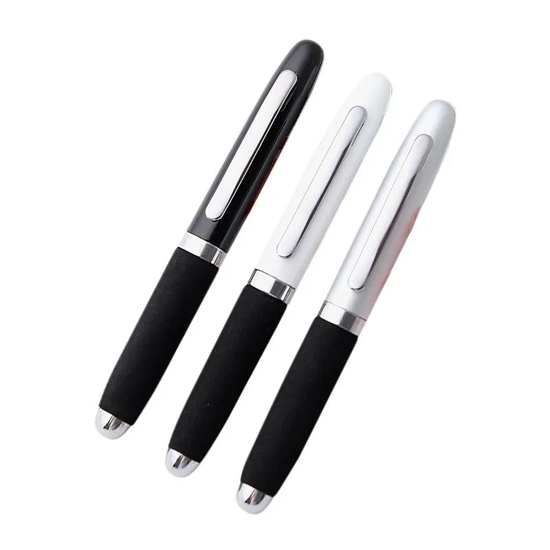 Close-up of a silver EVA metal cap mini ballpoint pen with a 1.0 mm bullet tip, shown with a bright black refill.