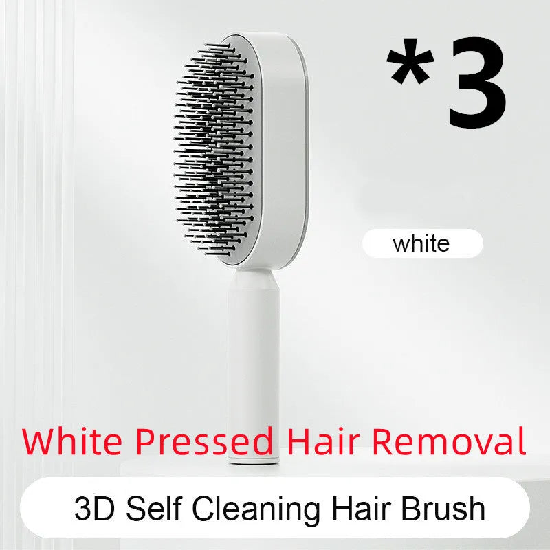 Self-cleaning air cushion hair brush in white, black gold, or black purple with ergonomic handle