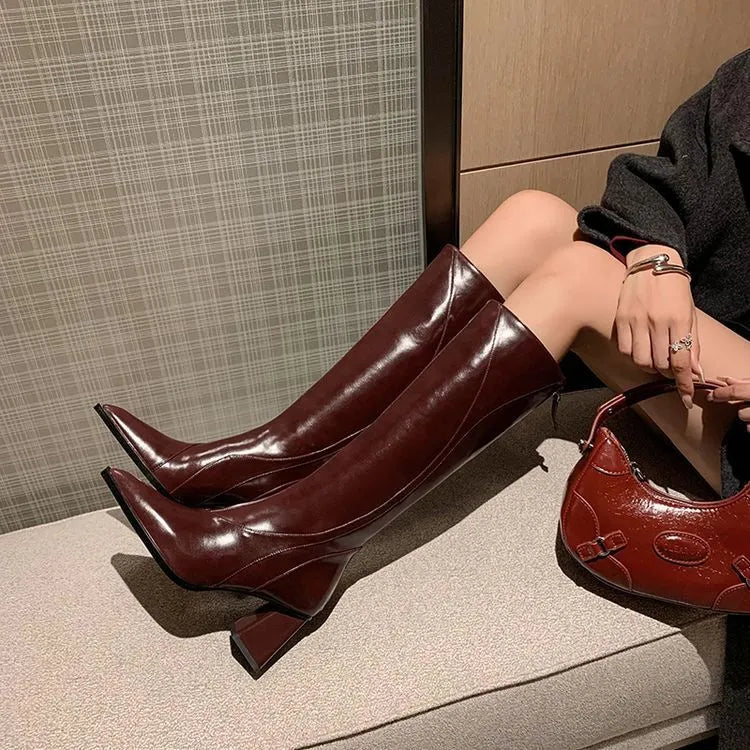 Retro Maillard cowhide riding boots in black, brown, or wine red with waterproof platform and high sock design