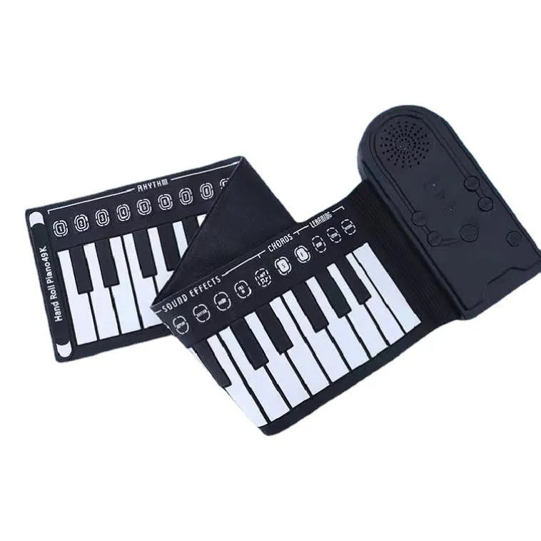 Pearl white portable folding electronic keyboard with 49 silicone keys and a built-in speaker, shown folded and unfolded.