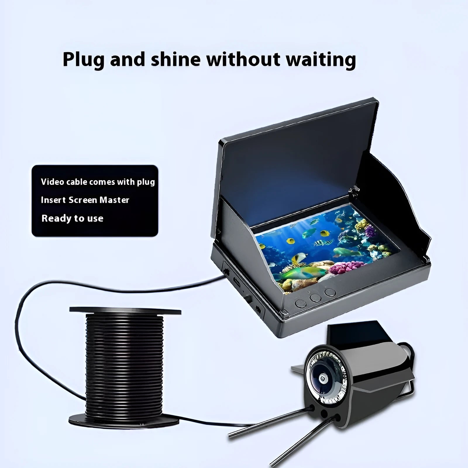 Portable fish finder underwater camera with a 4.3-inch screen, showing the camera unit with night vision LEDs.