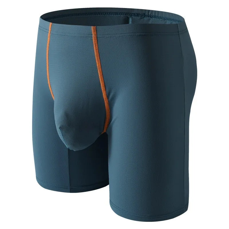 Men's ice silk boxers in multiple colours showing mid-waist fit and U-convex pouch design.