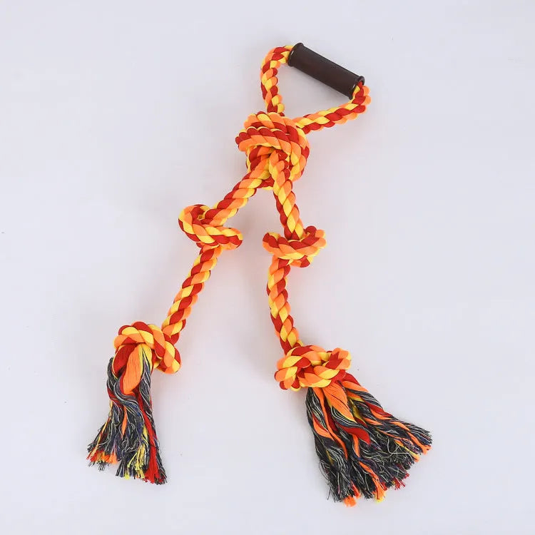Blue and yellow durable cotton rope tug toy for large dogs with a textured handle