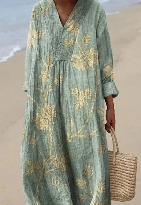 Long casual shirt dress with 3D floral pattern, wide waist, and regular sleeves.