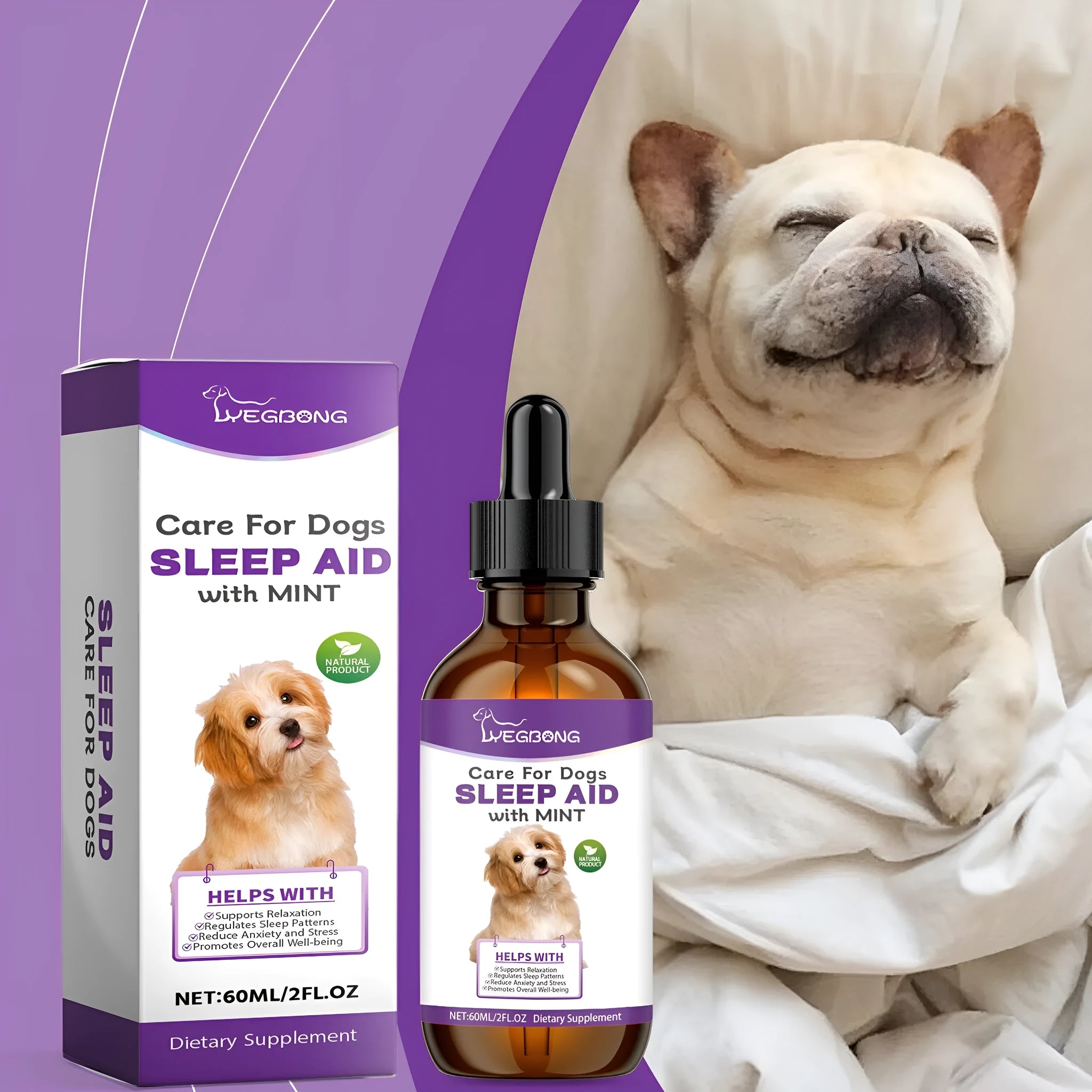 60ml bottle of dog sleep drops with mint extract for canine relaxation support