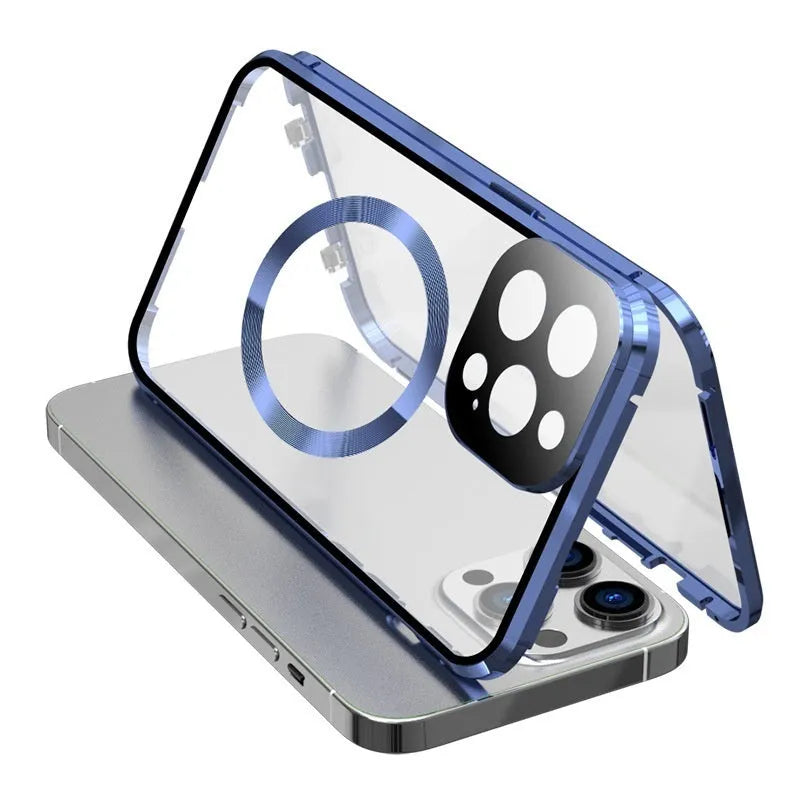 Magnetic metal iPhone case in black with shockproof design for iPhone 14, 15 and 16 models.