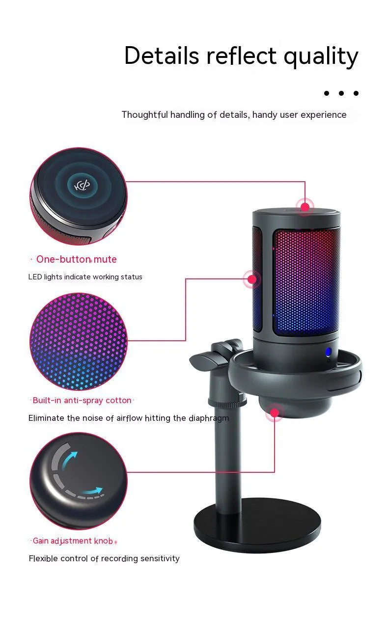 RGB USB condenser microphone for computer recording and live streaming in black, white, or pink