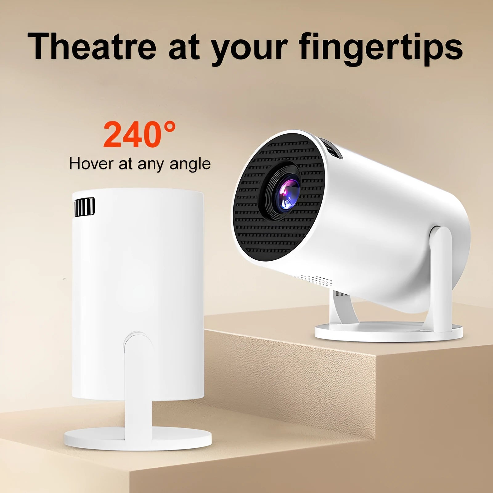 White mini portable wireless projector displaying 1080p HD image for home entertainment use