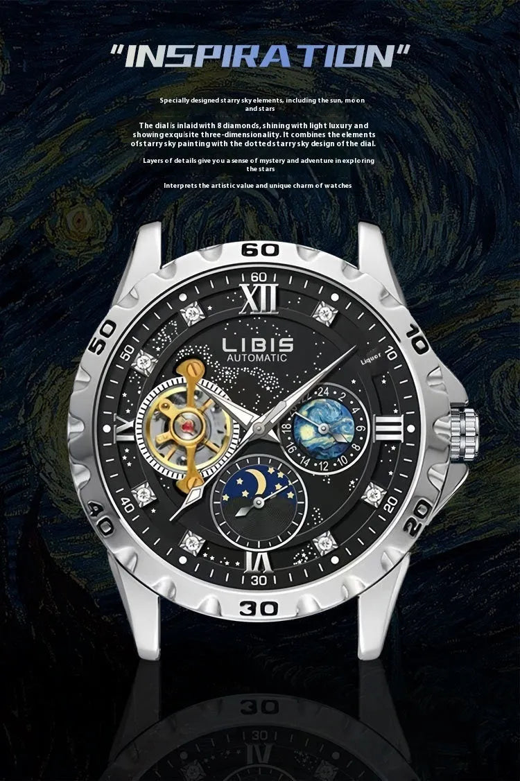 Men's silver case automatic watch with black steel strap and luminous dial.