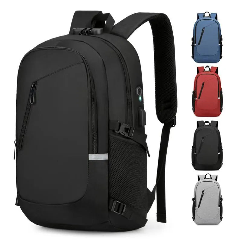 Oxford cloth computer backpack in blue colour showing 35 litre capacity and street style design