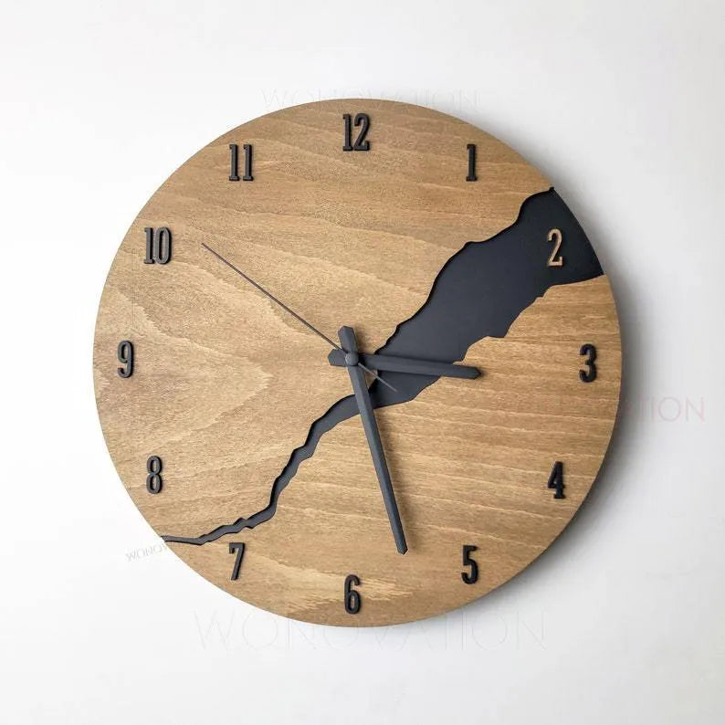 Modern round wooden wall clock with creative crack design and Arabic numerals