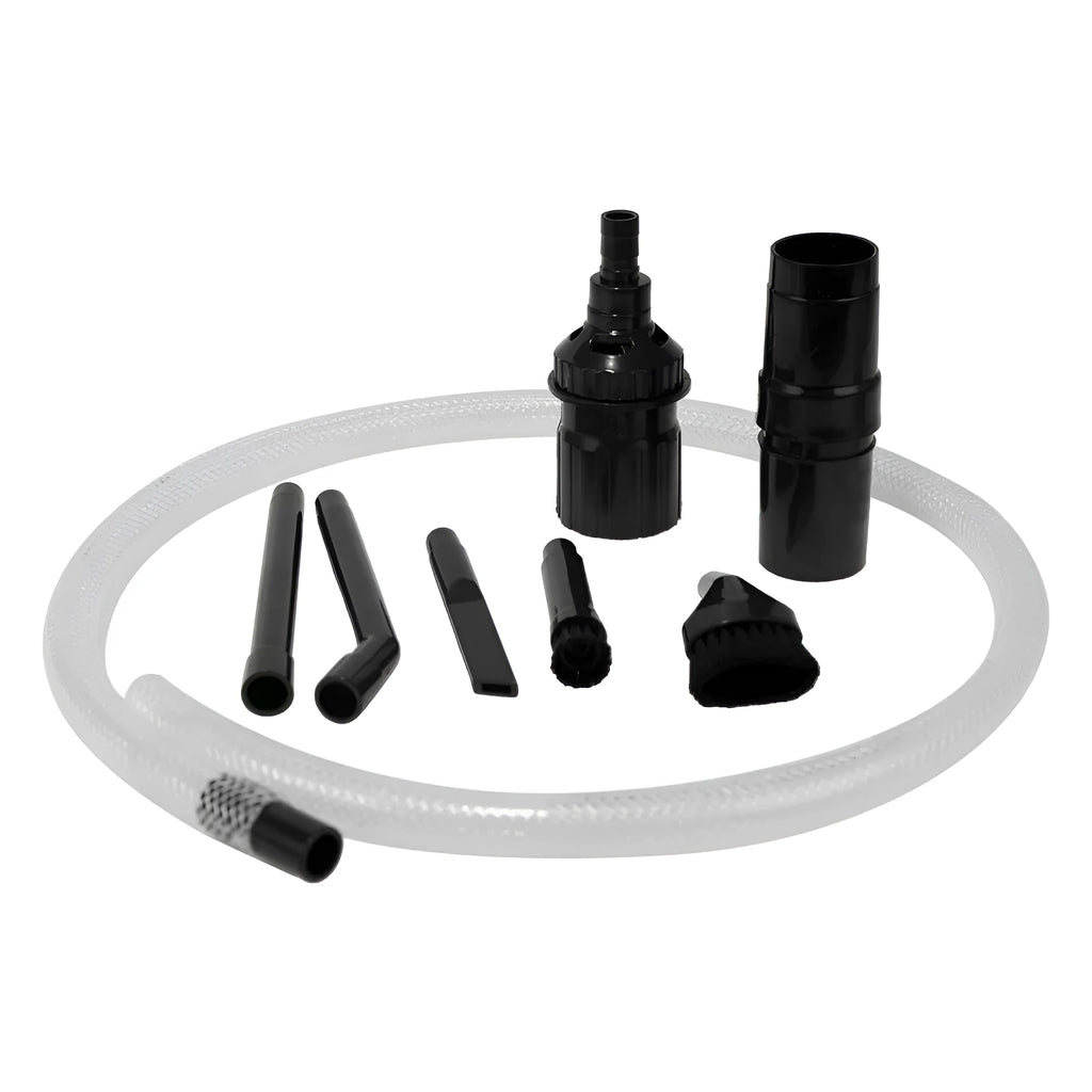 Eight different vacuum cleaner nozzle attachments laid out for a multifunctional cleaning set.