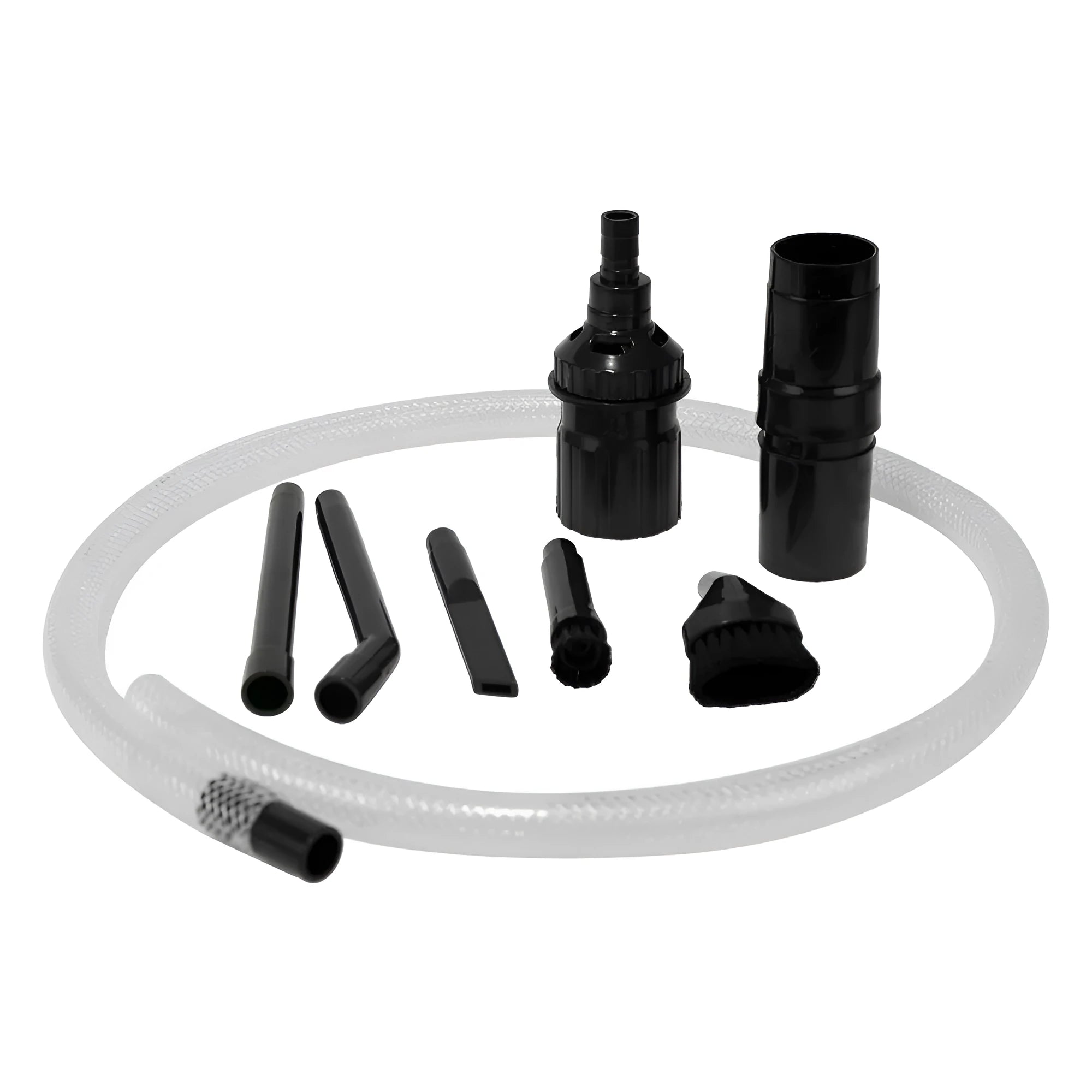 Eight different vacuum cleaner nozzle attachments laid out for a multifunctional cleaning set.