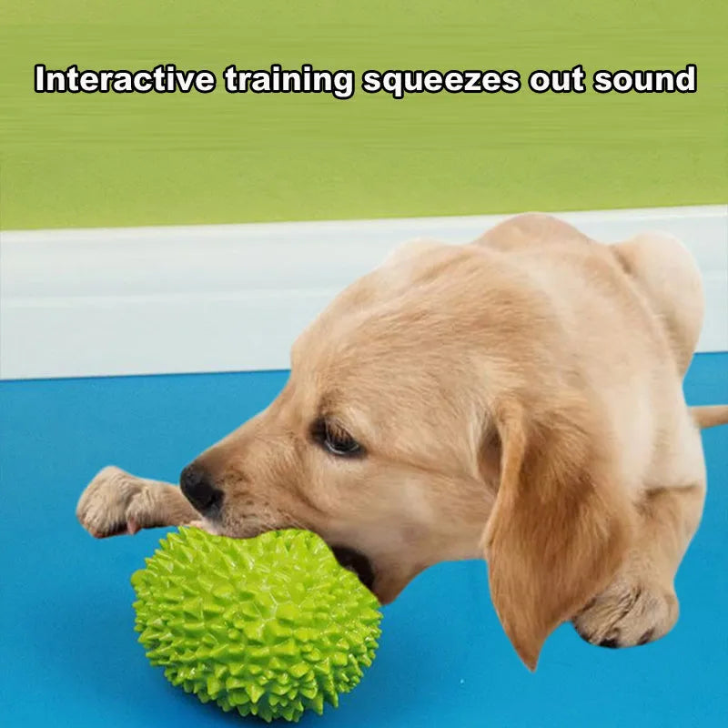 Durian-shaped dog chew toy in beige, green, and yellow colours with textured surface for teeth cleaning