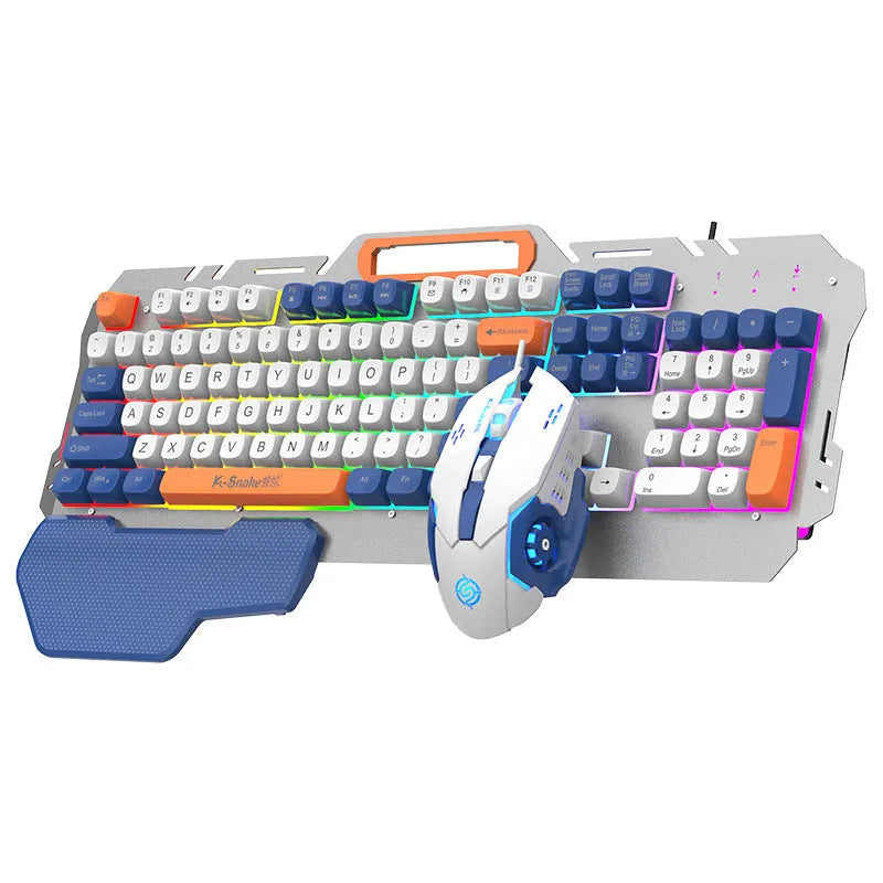 Blue wired gaming keyboard and mouse set with LED backlight on desk