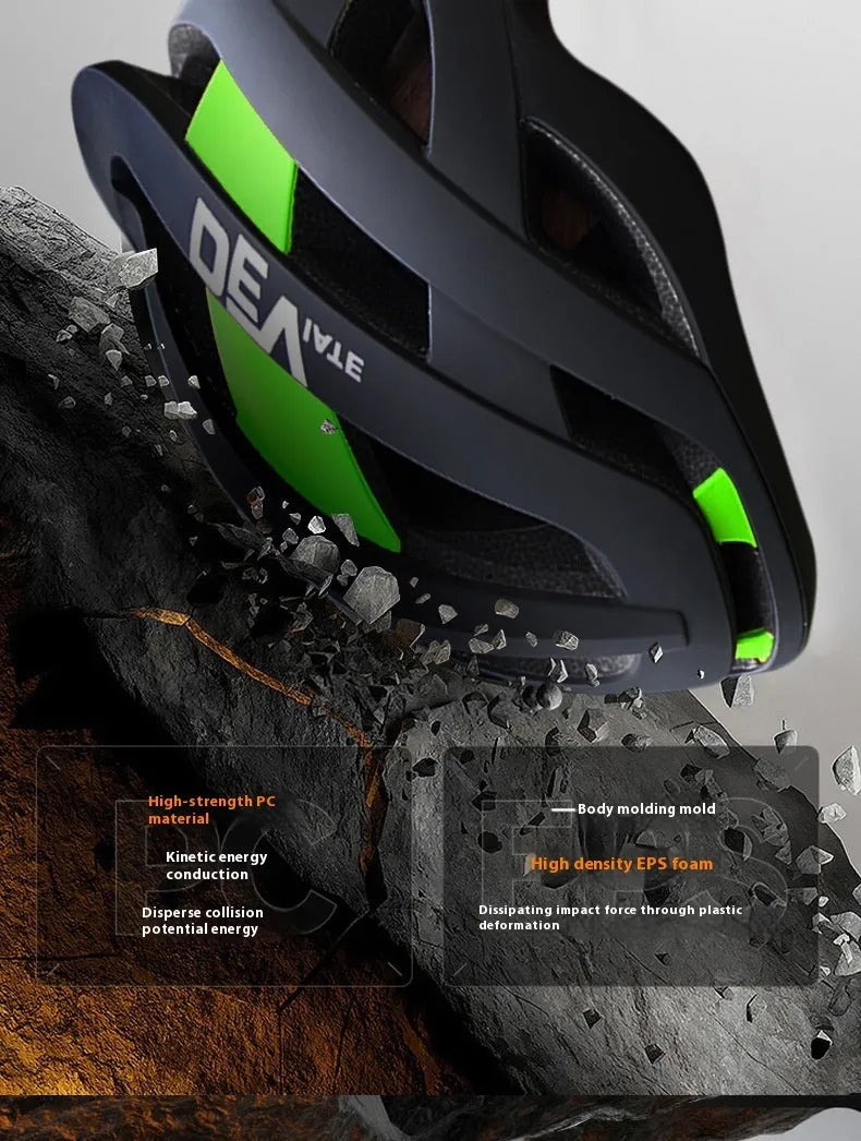 Adult bicycle helmet in matte black with colour accents, showing EPS and PC construction and adjustable fit.
