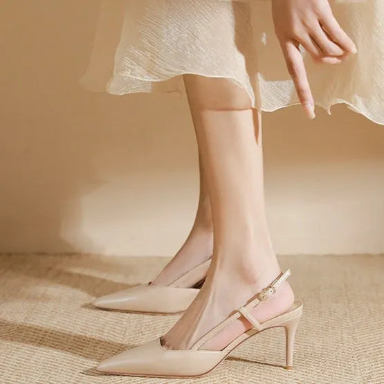 Women's Apricot high-heeled sandals with single strap buckle toe design and thin belt detailing