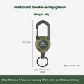 Retractable plastic buckle hook for outdoor camping in black against a green background