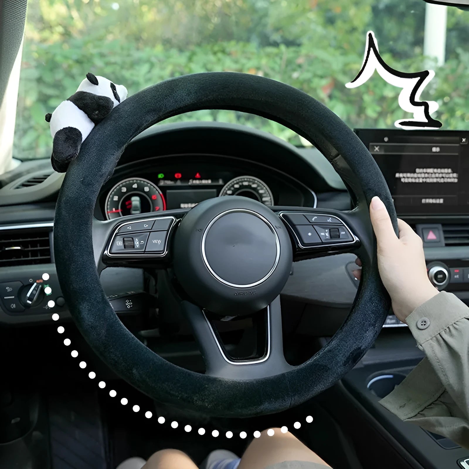 Black panda plush steering wheel cover and matching shoulder pad set for winter vehicle comfort