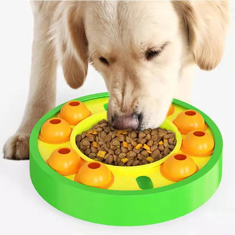 Blue and green interactive dog puzzle feeder bowl with central column and food turntable on a non-slip base