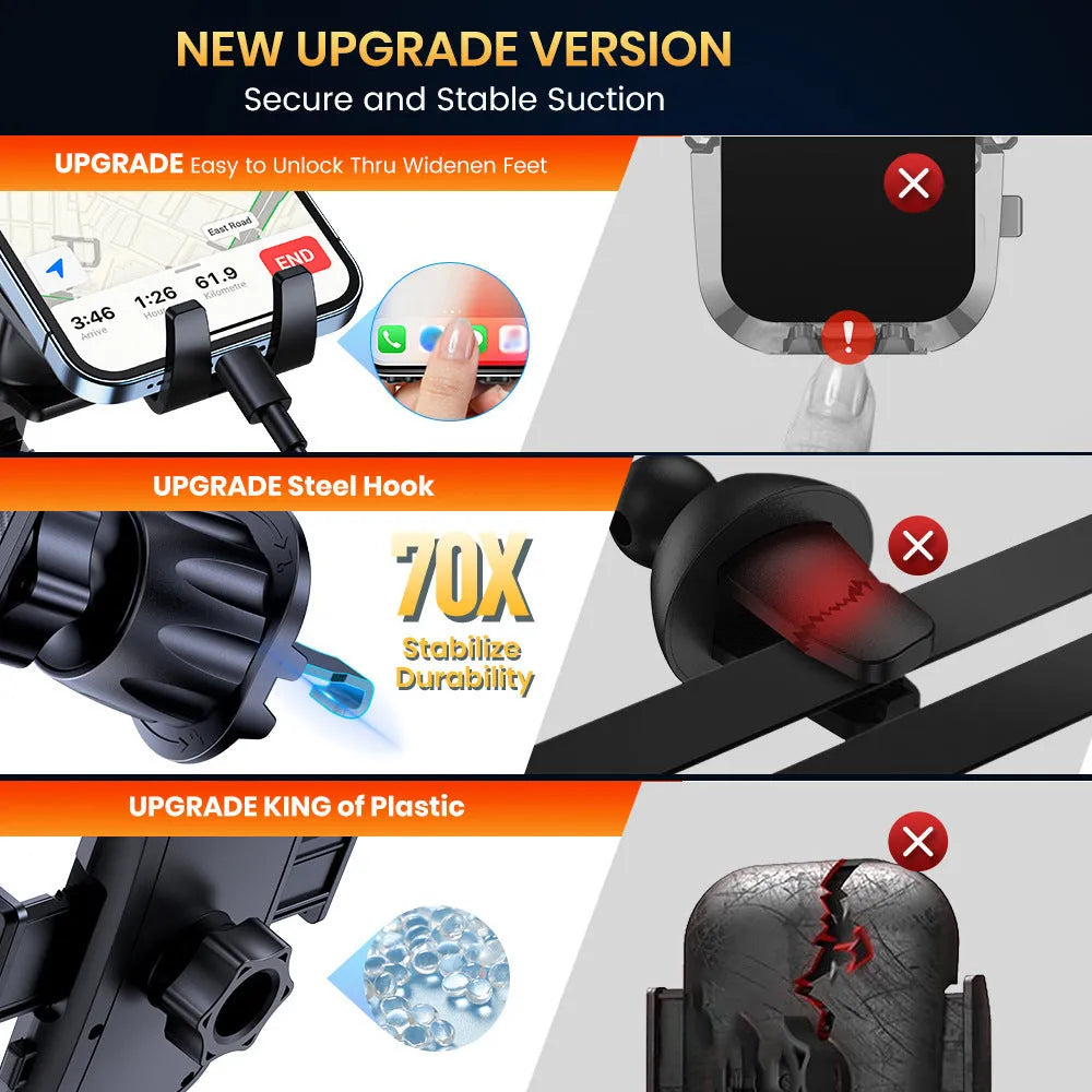 TOPKD46 universal car phone holder with multiple bracket styles for windscreen, vent, and dashboard mounting.