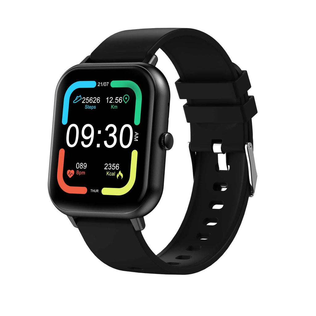Bluetooth smart watch with AI voice control and heart rate monitor on wrist, shown in black colour.