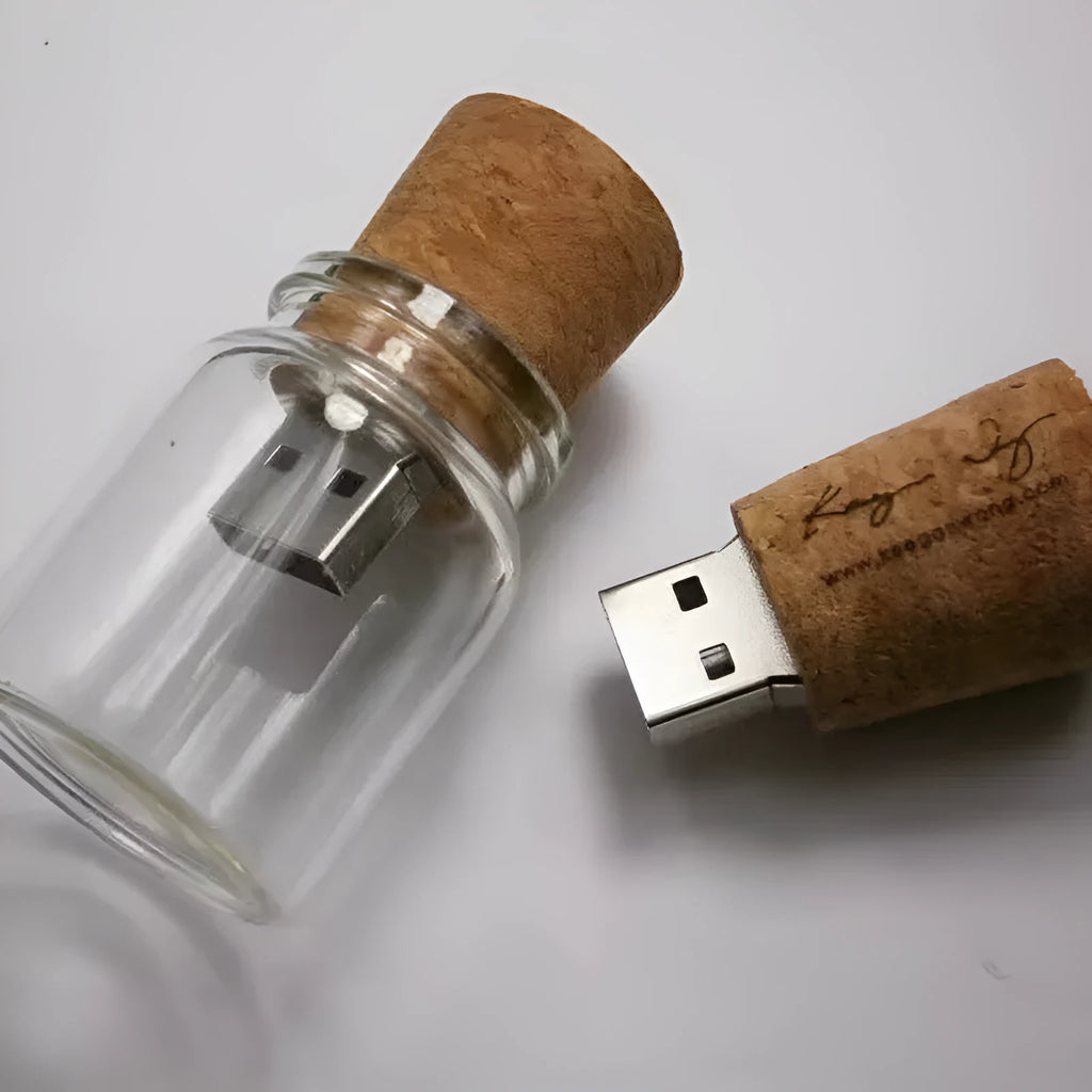 Transparent drift bottle shaped USB flash drive with a wooden cap, showing product dimensions.