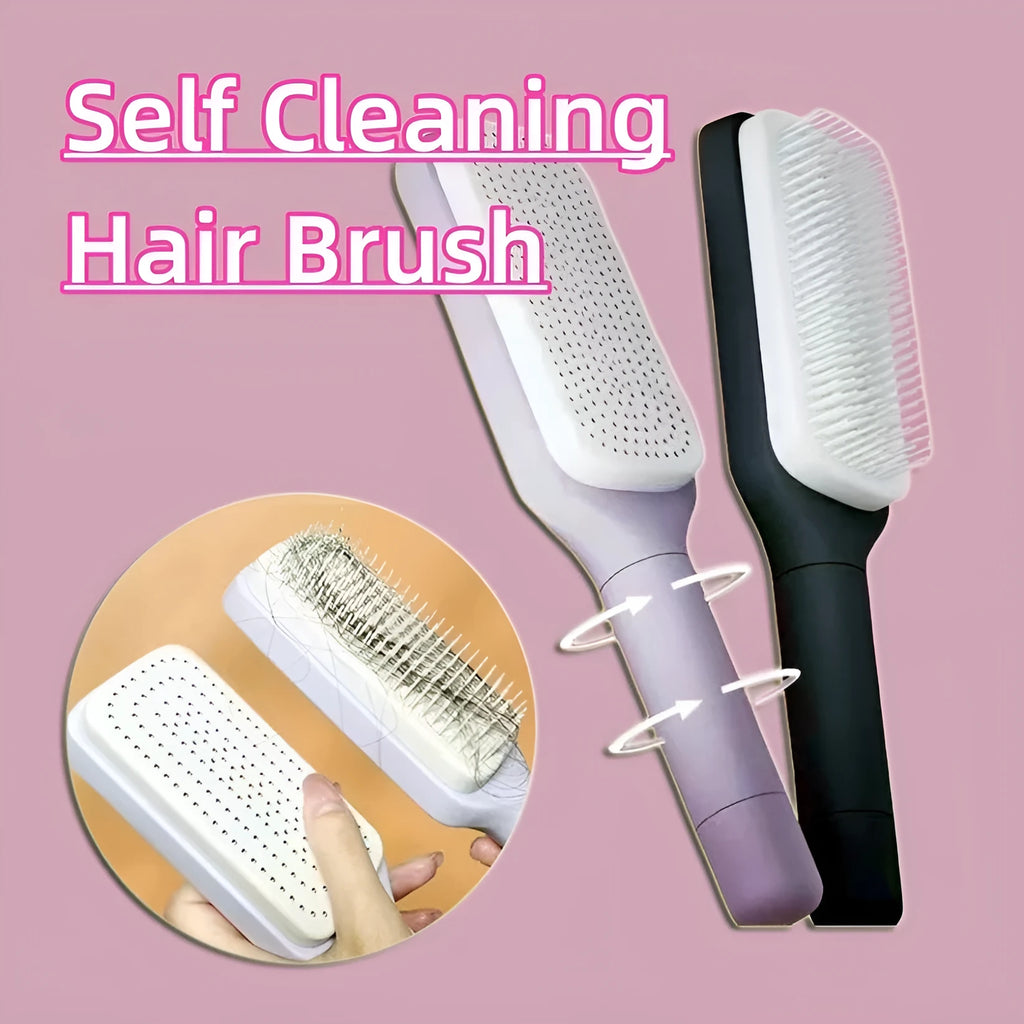 Purple self-cleaning hair brush with twist handle and massage comb teeth showing cleaning mechanism