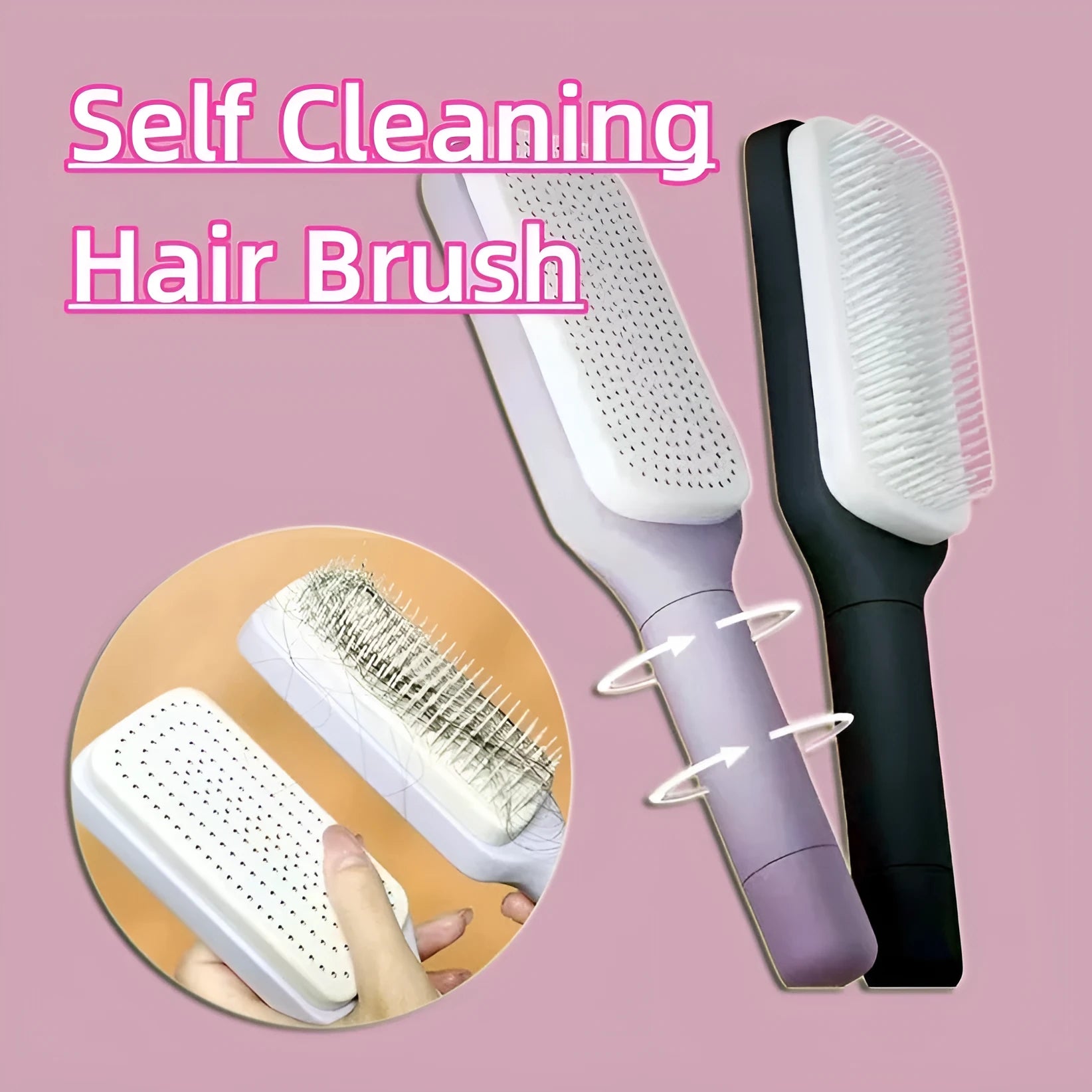 Purple self-cleaning hair brush with twist handle and massage comb teeth showing cleaning mechanism
