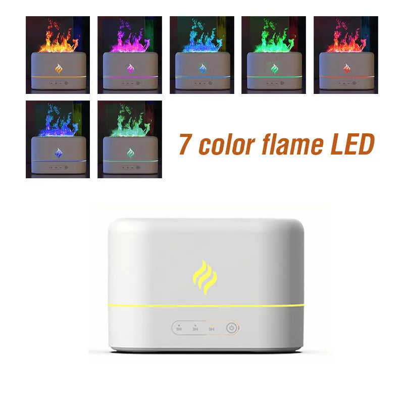 White USB aromatherapy humidifier with seven-colour LED flame effect showing mist outlet.