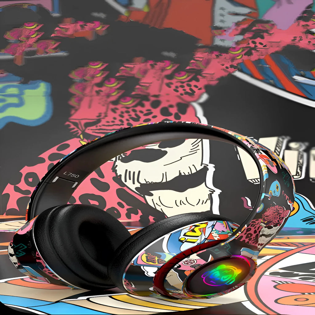Graffiti wireless Bluetooth headset in black or white with head-mounted design