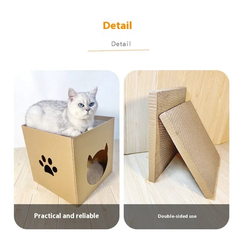 Vertical corrugated paper cat scratch board with pet milk carton design in 30cm cube dimensions