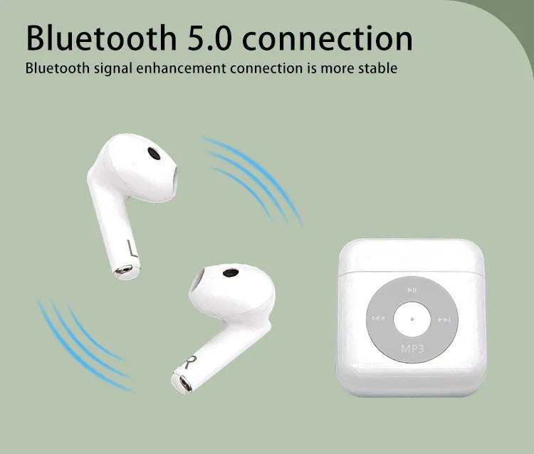 White wireless Bluetooth semi-in-ear earphones and charging case on a table.