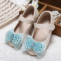 Girls' princess shoes with pearl bow, PU leather upper, flat heel, and Velcro fastening in beige white pearl colour