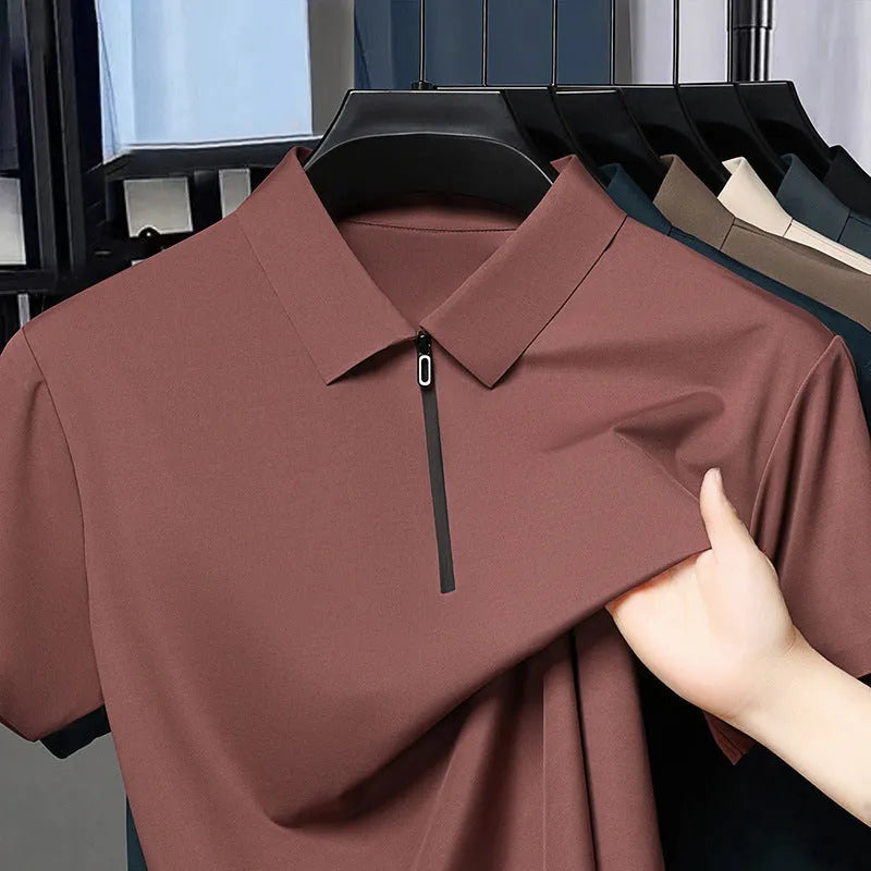 Men's half zipper seamless polo shirt in solid colour with short sleeves, ice silk fabric, regular fit