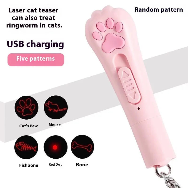 Rechargeable cat teaser toy with a light, shown in pink, cream, and sky blue colour options.