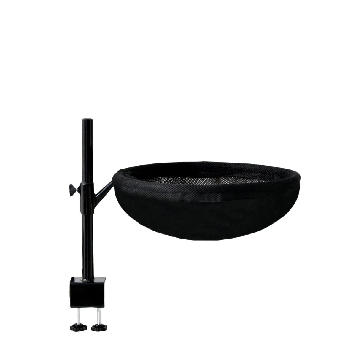 Desktop suspended cat bed with iron stand, black base, and gray plush winter nest