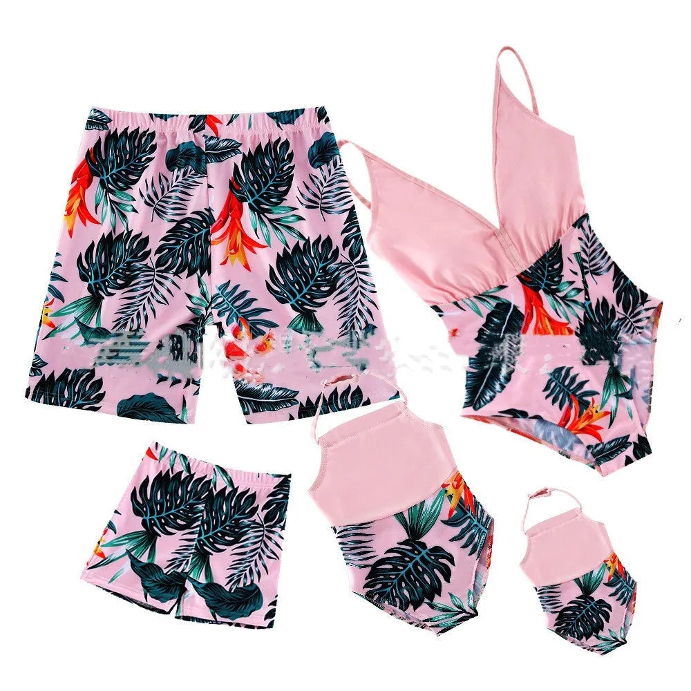 Parent-child quick dry swimsuit set in green, pink, red with polyester acetate blend fabric