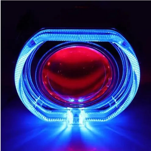 Black and silver vehicle angel eye mask light covers showing dual lens design and halo light effect.