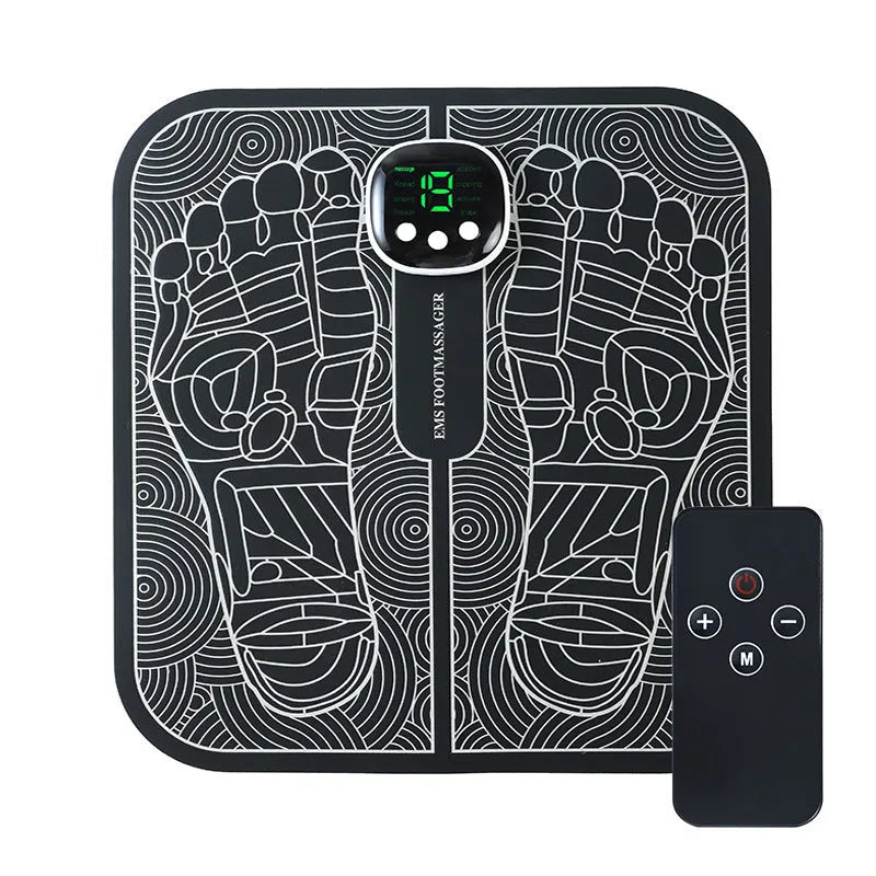 Blue rechargeable reflexology foot massager mat with remote control and USB charging cable