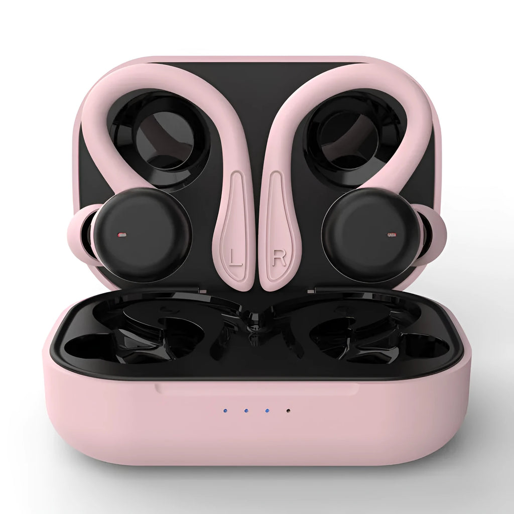Sports headphones with hanging ear design in black, white, blue, red or pink colours with removable ear hooks