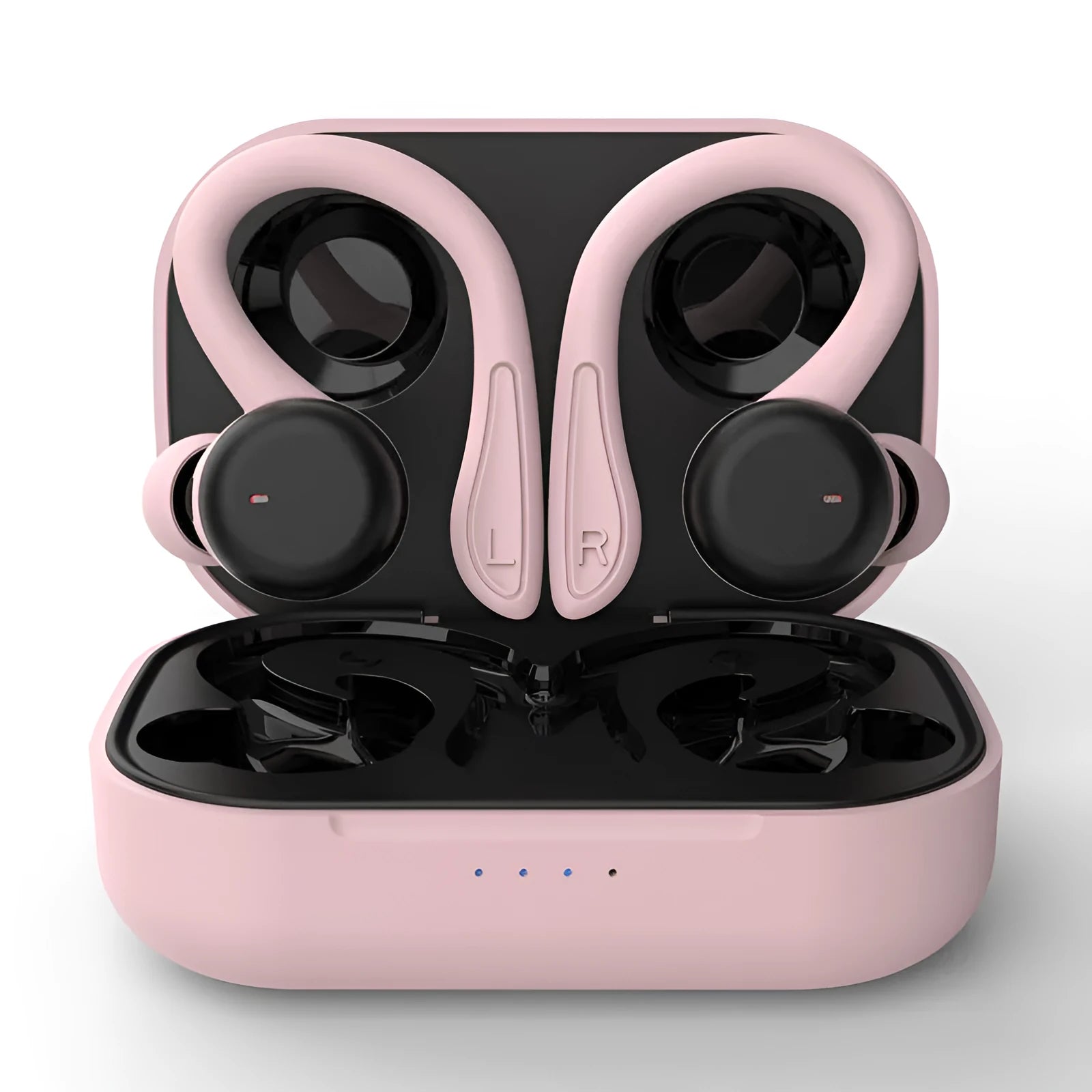 Sports headphones with hanging ear design in black, white, blue, red or pink colours with removable ear hooks