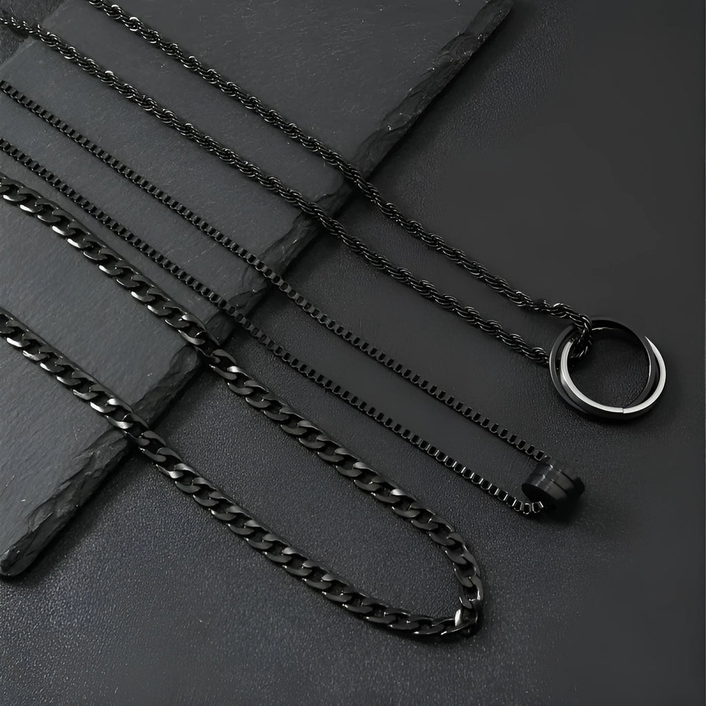 Men's black stainless steel necklace set with geometric titanium steel pendant and ring buckle.