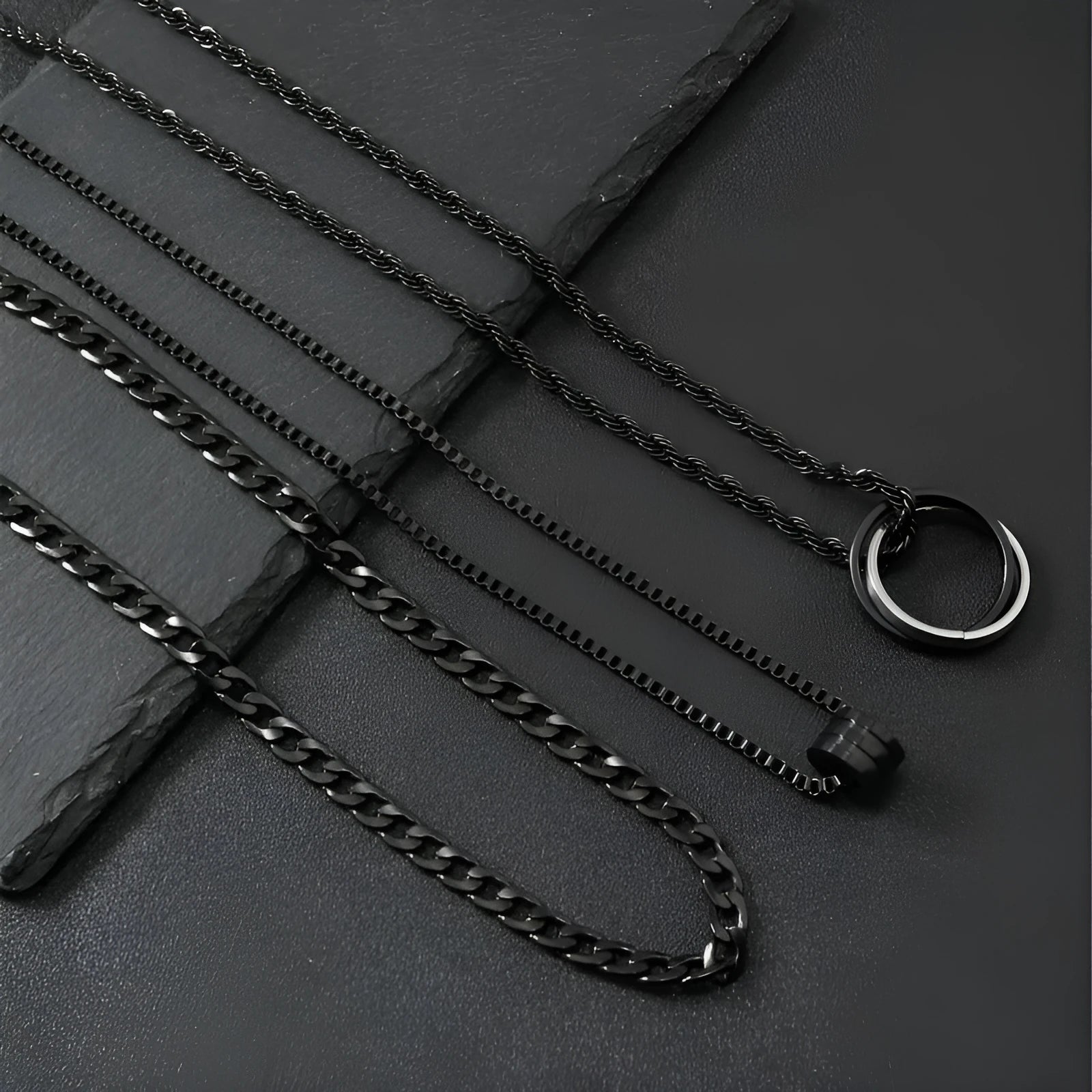 Men's black stainless steel necklace set with geometric titanium steel pendant and ring buckle.